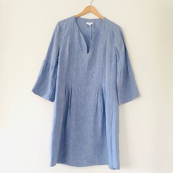 J. Jill Dresses & Skirts - J. Jill Love Linen Blue Dress Bell Sleeves Deep Slid Front sz L Natural Coastal